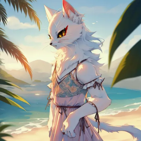 by reysi,high quality,ultra detailed,a male cat,white fluffy fur,detailed yellow eyes,red eyeliner,red eyeshadow,shao qin,<lyco:shao_qin_fp16:1>,crossdressing,summer dress,