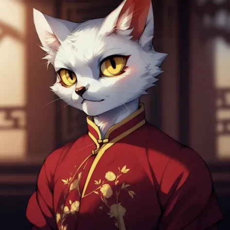 by yuumei,high quality,ultra detailed,a male furry cat,white fur,yellow eyes,red lower eyeliner,<lyco:shao_qin_at:1>,chinese clothing,