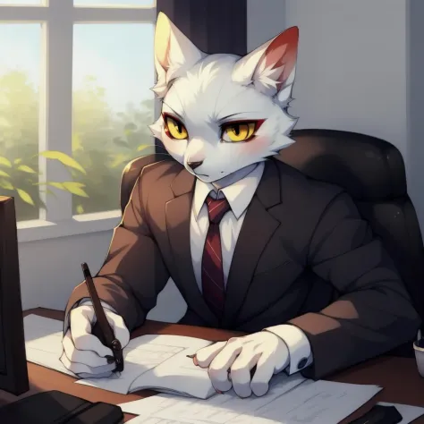 anime cat in suit sitting at desk with computer and papers