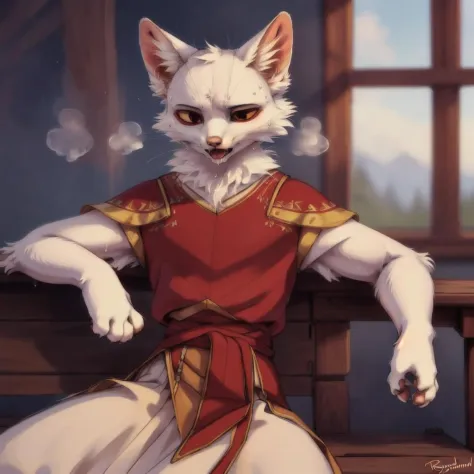 by personalami,by reysi, <lora:shao_qin_kz:1>,a furry cat,white fur,yellow body,red eyeliner,detailed eastern armor,Leaning on a wooden bench, panting, tired, sweating,steam