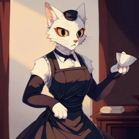 there is a cat that is wearing a dress and holding a cup