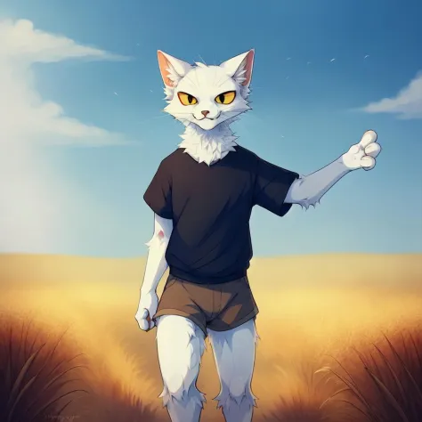 by reysi,high quality,ultra detailed,a furry cat,white fur,yellow eyes,red eyeliner,<lora:shao_qin_ht:1>,shorts,t-shirt,a path in the field,wheat,blue sky,open arms,the howling wind,smile,