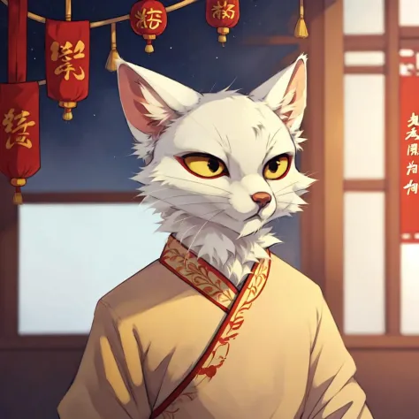 anime cat in traditional chinese dress with red lanterns in background