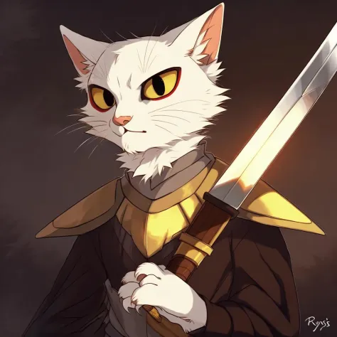 by reysi,high quality,ultra detailed,a furry cat,white fur,yellow eyes,red eyeliner,<lora:shao_qin_ht:1>,armor,carrying a sword