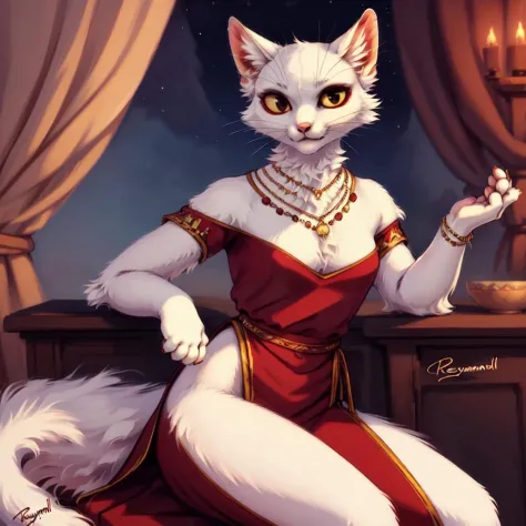 sfw,by personalami,by reysi, <lora:shao_qin_kz:1>,a msture female furry cat,white fur,yellow body,red eyeliner,middle breasts,tight dressing,jewelry,pose