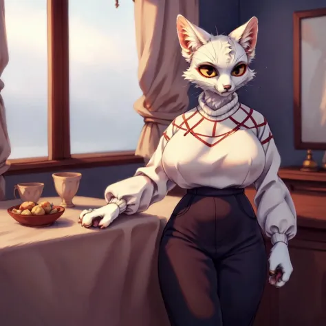 anime cat in a white shirt and black pants standing next to a table