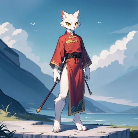 ,high quality,ultra detailed,solo,a furry cat,white fur,detailed yellow eyes,red eyeshawow,red eyeliner, <lora:shao_qin_a5:0.7>,full body,landscape,chinese clothing