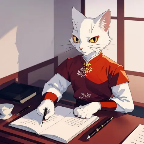 anime cat sitting at a desk writing on a book