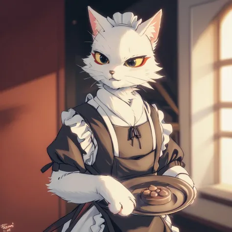 anime cat with a plate of food in her hand