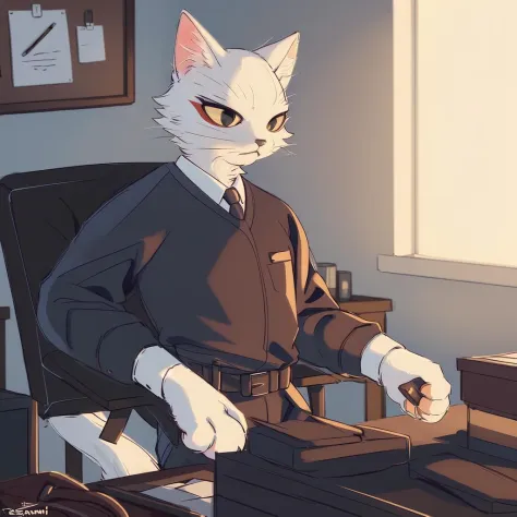 by inplasm,by personalami,uploaded on e621,8k ris,high quality,ultra detailed,solo,a male furry cat,shao_qin,detailed eyes,red eyeliner,<lora:shao_qin_sx:1>,office,business suit,tie,shirt