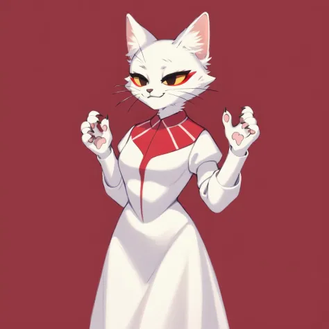 sfw,by personalami,by inkplasm,by loonanudes,(hi res),((masterpiece)),((best quality)),e621,a female furry cat,white body,red eyeliner,<lora:shao_qin_lk:1>,detailed decorrated tight dress,(trefoil),smile,closed eyes,