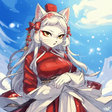 hi ris,masterpiece,best quality,female,furry,cat,white fur,yellow eyes,red eyeliner,long white hair,<lora:shao_qin_116:1>,by inkplasm,by personalami,by buta99,water vapor,coldness,in winter,winter qipao,