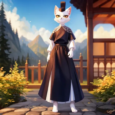 anime cat in a black dress standing in front of a wooden building