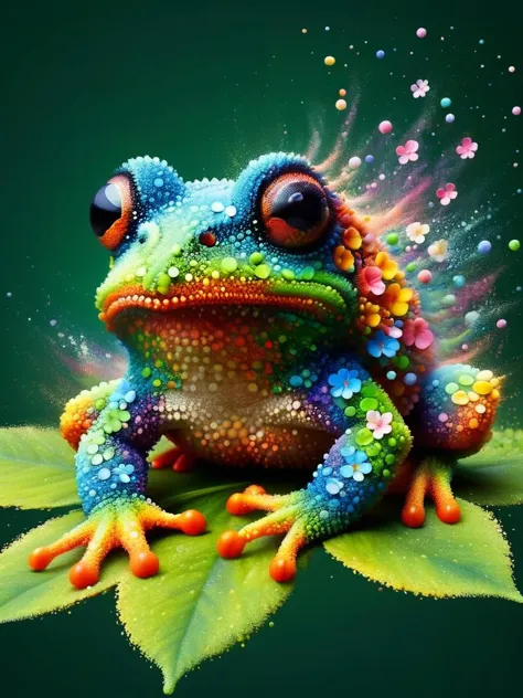 (no human: 1.3), illustrious, Darling, cute frog animal made of ral-pxlprtcl, big eyes, dancing on leaves and flower petals, (co...