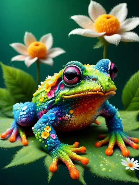 (no human: 1.3), illustrious, Darling, cute frog animal made of ral-pxlprtcl, big eyes, dancing on leaves and flower petals, (co...