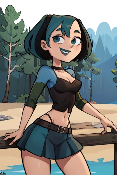 ((masterpiece,best quality)), absurdres,
<lora:Gwen_Total_Drama:0.7>, Gwen_Total_Drama, goth, midriff, smiling, skirt, 
solo, smiling, looking at viewer, cowboy shot, side view, 
cinematic composition, contrapposto