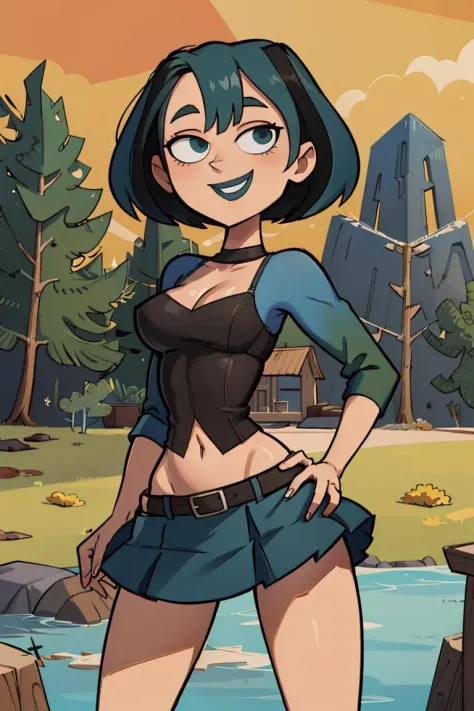 ((masterpiece,best quality)), absurdres,
<lora:Gwen_Total_Drama:0.7>, Gwen_Total_Drama, goth, midriff, smiling, skirt, 
solo, smiling, looking at viewer, cowboy shot, , 
cinematic composition, contrapposto