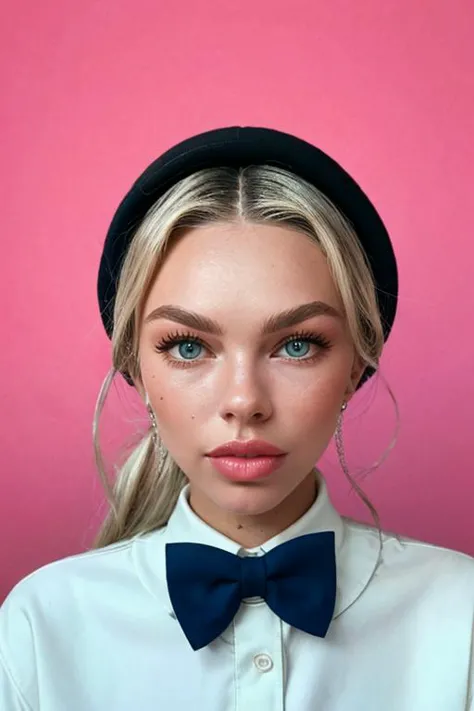 a close up of a woman wearing a bow tie and a hat