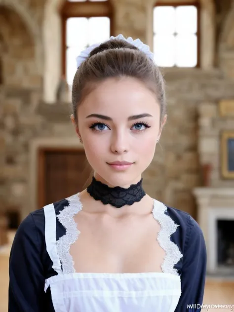 a close up of a woman in a maid outfit posing for a picture