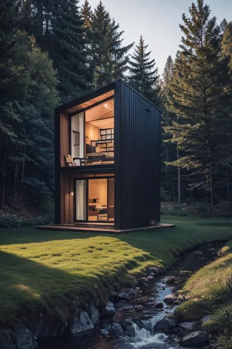 exteriortinyhouse  exterior triangle shape in forest, black panel, morning, stones, river side, ((masterpiece)), realistic, epic...