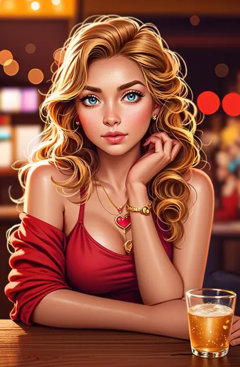 Concept art,2d anime style,hand-drawn art,1girl,solo,jewelry,necklace,ring,long hair,heart,looking at viewer,lips,cup,blurry,cro...