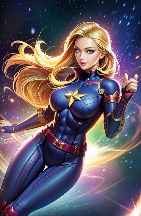 fantasy,concept art,2d anime style,hand drawn,CG special effects,1 girl,solo,blonde,breasts,superhero,blue eyes,gloves,looking at the audience,long hair,tights,belt,fingerless gloves,smile,room,clenched hands,blue tights,skin tightness,lips,shut up,stars (symbol),<lora:Exotic V2:0.8>,