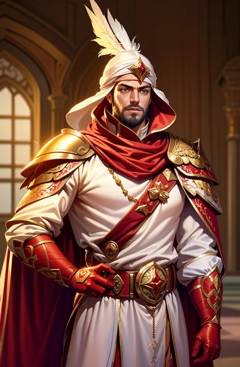 concept art,2d anime style,hand-drawn work,persian costume,1boy,male focus,facial hair,solo,beard,gloves,cape,belt,red gloves,indoor,blurred background,feathers,sheath,bandana,standing,blur,armor,beard,raise hand,magic,white headdress,cowboy shot,white cape,floating,