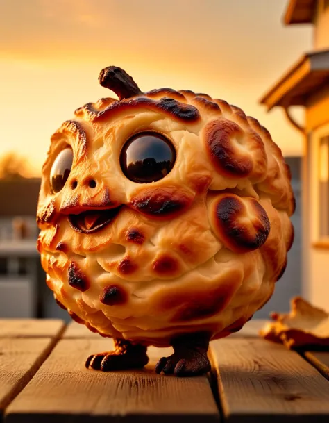 there is a fake pumpkin with googly eyes on a wooden table