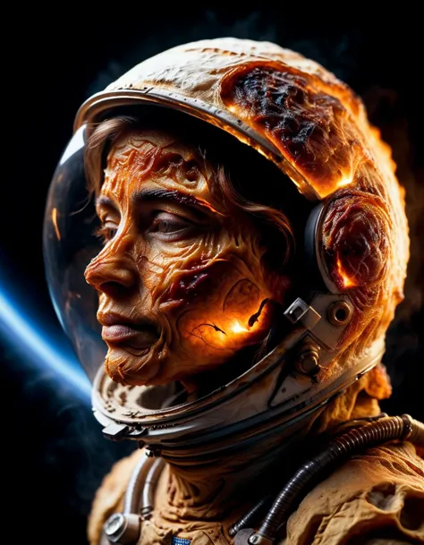 a close up of a person in a space suit with a fire on his face