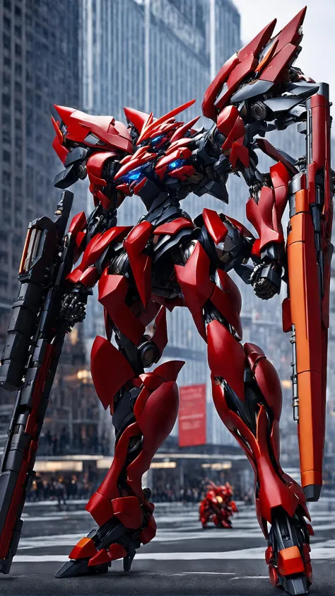 (RRS:1.7),(BRS:1.5), mecha ,(city:2),(mecha even bigger than buildings:2),(MECHA-BACK-UNIT:1.5),(heroic armor:2), (ultra-detailed mecha armor:2), (detailed armor description:2), (glowing:1.5), (battlefield:2), (full body:1.2), clenched hand, mechanical parts,  (mechanical parts:1.5), (robot joints:1), (military parts:1.5), (heroic parts:1.5), best quality, masterpiece, highly detailed, ultra-detailed,(Detailed eye description:1.2),(huge mechanical weapon:1.3),(detailed weapon description:1.2),(huge mechanical gun:1.2), (holding weapon :1.3)<lora:srdxl_v2k:0.4>