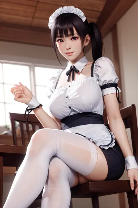 <lora:doa_koharu:0.7> koharu, maid uniform, white thighhighs, indoors, sitting on chair