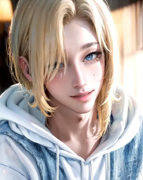 anime girl with blonde hair and blue eyes in a white hoodie