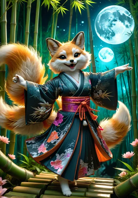 a fox in a kimono outfit standing on a bamboo bridge