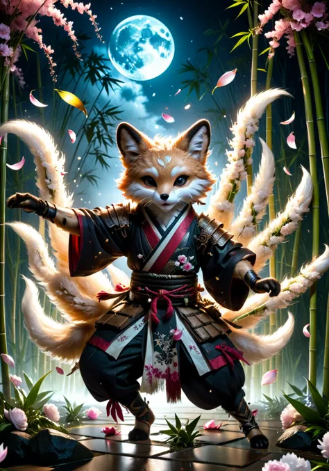 Dark Fantasy Art of macabre, hyper realistic masterpiece photo of kitsune warrior dancing under the moonlight in bamboo, ( flowe...