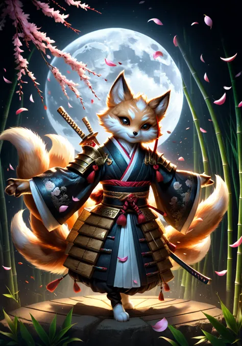 Dark Fantasy Art du macabre, une photo d'un chef-d'œuvre hyper réaliste d'un samouraï kitsune dansant sous la lumière de la lune dans un bambouseraie, ( pétales de fleurs volant dans l&#39;air:2.0), 8k, tonemapped, Cinématique,  lumière volumétrique, photo analogique à contraste parfait de Rembrandt, sombre art by Nicola Samori,  par Conor Harrington, par John Wilhelm, sombre, lunatique, sombre fantasy style