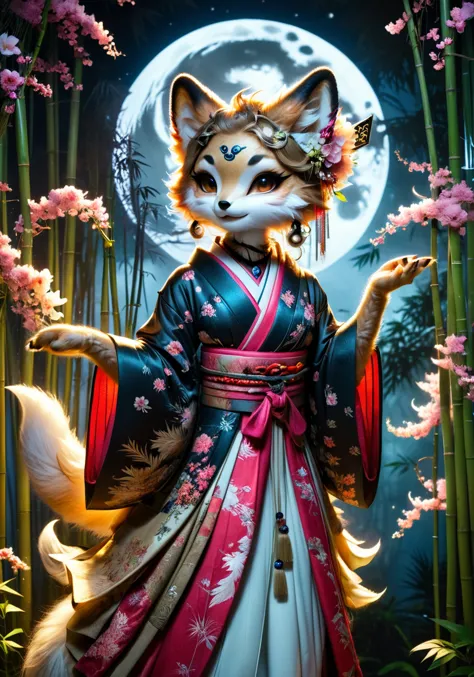 macabre, Une photo d'un chef-d'œuvre hyper réaliste d'une geisha kitsune dansant sous la lumière de la lune dans un bambou, ( Des fleurs dans l’air:2.0), 8k, tonemapped, Cinématique,  lumière volumétrique, photo analogique à contraste parfait de Rembrandt, art sombre par Nicola Samori,  par Conor Harrington, par John Wilhelm