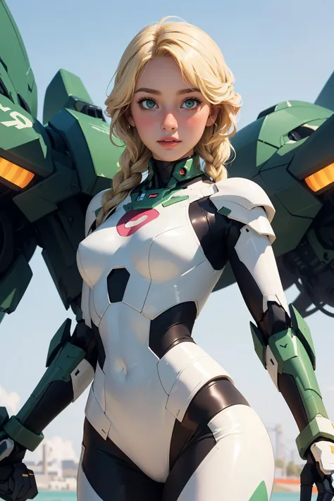 (masterpiece, best quality:1.2), (full shot:1.2), from front, a beautiful young woman, 20 years old, (fit  body,  oval shaped face), green  eyes, lush lips, high cheekbones),  (blonde fishtail braid hair:1.2), pale skin, blush, medium  breasts, (wearing sexy mecha outfit), standing, dynamic pose, abstract background