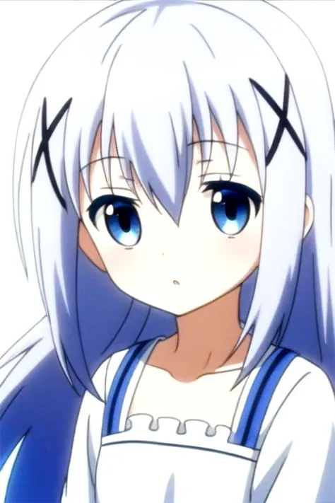 1girl,<lora:ChinoKafuu:0.7>,long hair,blue hair,hair between eyes,hair ornament,x hair ornament,blue eyes,hairclip,light blue hair,bangs,(full_shot:1.4),white background,(white:1.5,dress),simple_background,wariza,