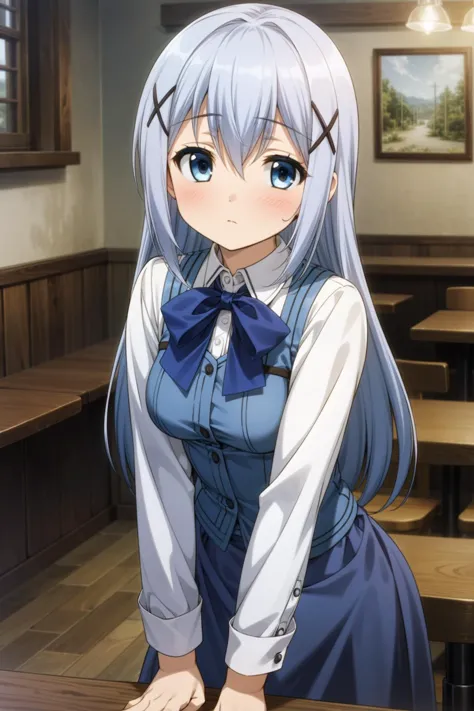 anime girl with long white hair and blue dress in a restaurant