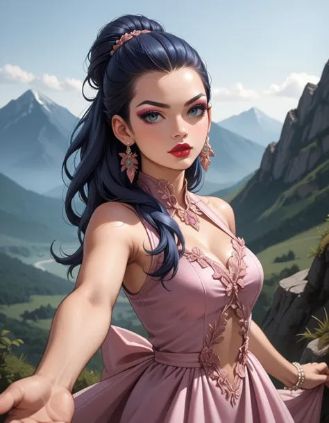 a woman in a pink dress standing on a mountain top