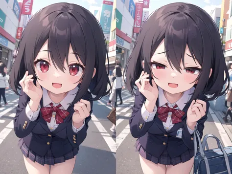 anime girl with black hair and red glasses on a street