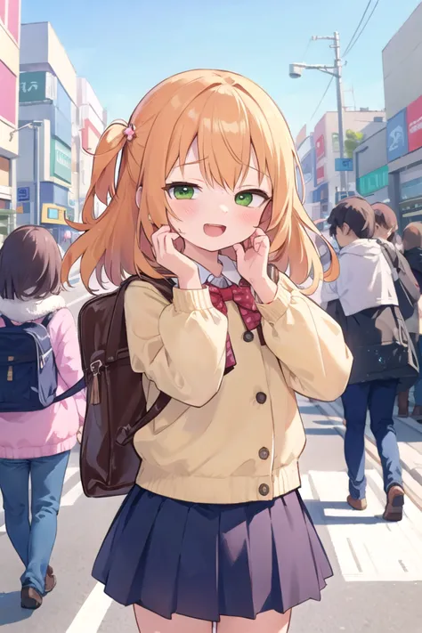 anime girl in school uniform talking on cell phone on street