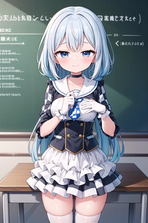 anime girl in a school uniform standing in front of a blackboard