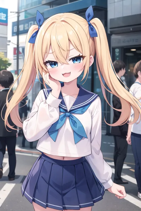 <lora:sensualface_type2_v3:1>
insanely detailed, absurdres, ultra-highres, ultra-detailed, best quality,
1girl, solo, nice hands, perfect hands,
BREAK
(wearing sailor school uniform, dark blue pleated skirt, white shirt),
(evil smile, ;3, smug, open mouth:1.3), fangs
BREAK
standing, hand on own face, 45 angle,
from below, cowboy shot, looking at viewer, tilt head
BREAK
slender, kawaii, perfect symmetrical face, ultra cute girl, ultra cute face, ultra detailed eyes, ultra detailed hair, ultra cute, ultra beautiful
BREAK
in harajuku, shibuya, tokyo, street, crowd, cityscape,
small breasts
BREAK
(gold blonde) hair, (short:1.3) twintails, blue eyes, blue hair ribbon, hair between eyes