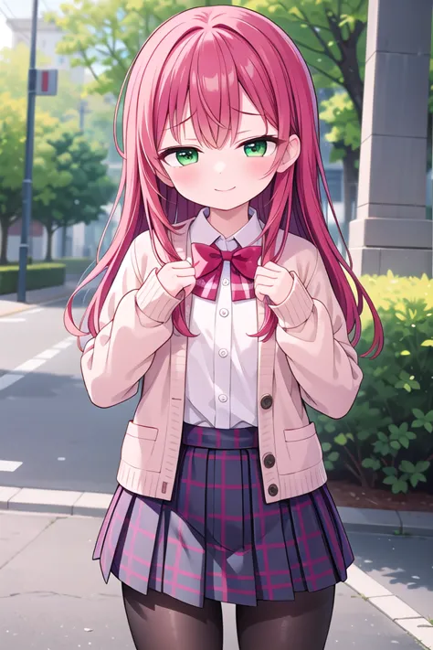 anime girl in school uniform standing on sidewalk with trees in background