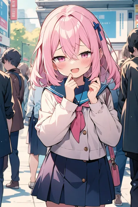 anime girl with pink hair and a pink tie standing in a crowded street