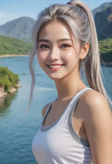 a woman with long hair standing in front of a body of water