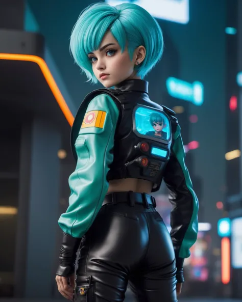 (masterpiece), , (extremely detailed),  (cinematic lighting),(silicone skin texture)
21 yearas old Bulma, bob cut hair with bang, a-line hair, cyberpunk capsule corp outfit, asimetric trousers, Capsule Cord headquarters at back, glowing boots,
manga style