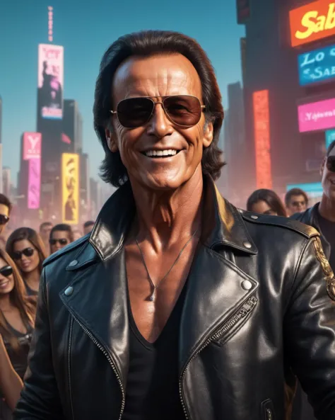 (masterpiece), , (extremely detailed),  (cinematic lighting),(realistic skin texture), (hyperrealistic), (photography),
 [Cyberpunk 2077: CyberJulio:0.5] game cover with the (text "Y LO SABES":2)
Julio Iglesias wearing sunglases and smiling, leather jacket, pointing at the camera with the finger, pointing at viewer with the finger, (totally surrounded by girls)