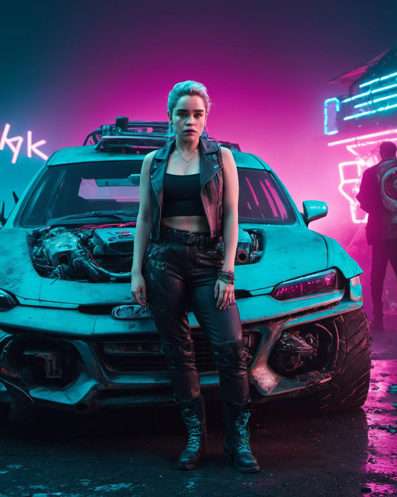 (masterpiece), , (extremely detailed),  (cinematic lighting),(silicone skin texture), (hyperrealistic), (photography),
alluring emilia clarke near cyberpunk rusted car pink and cyan neon lights, punk outfit, junkyard, decadent and dystopian atmosphere